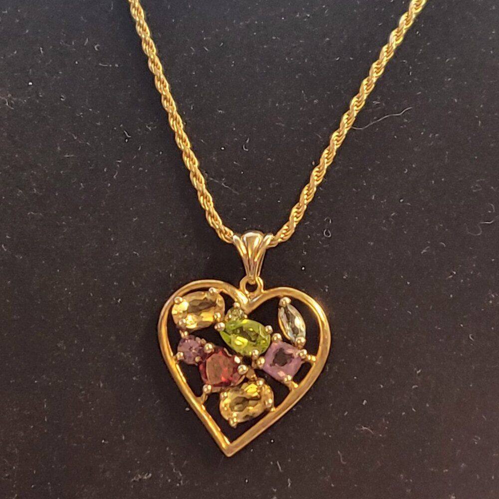 Vintage Multi- Gemstone Vermeil Gold over Sterling Silver Heart Pendant Necklace